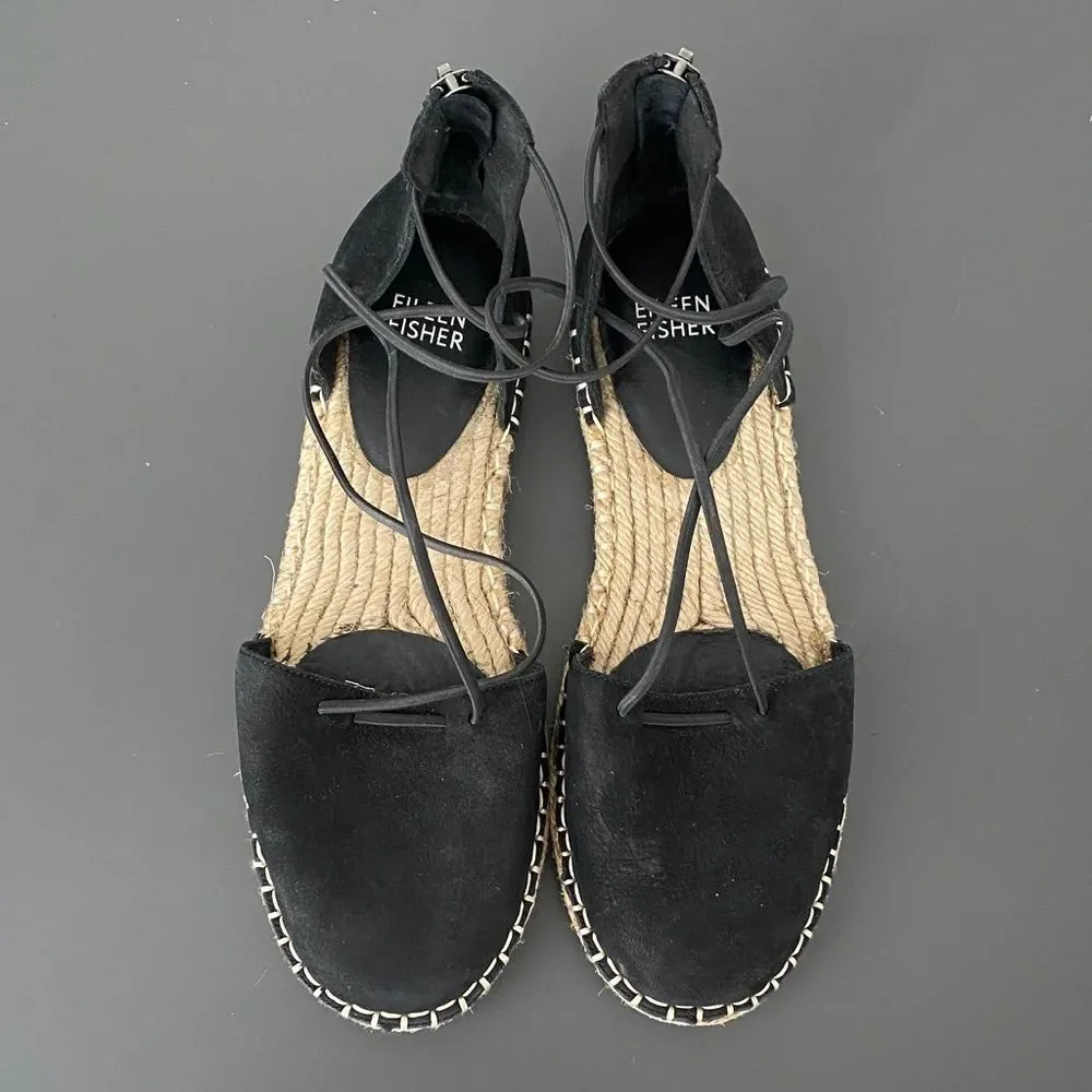 Eileen Fisher Black Suede Espadrilles Flats Sandals Sz 7.5 Coastal Vacation NWOT